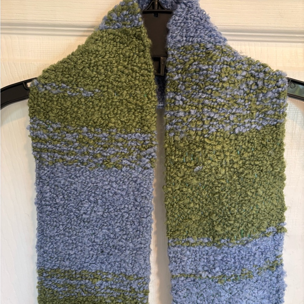 Long  Women’s Green and Blue Textured Scarf With Beaded Fringe Detailing